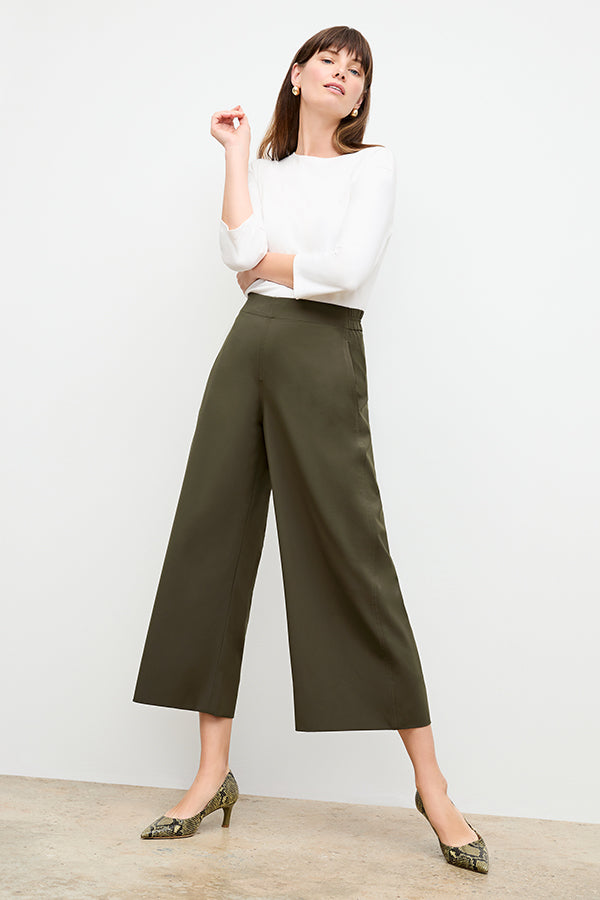 front image of a woman wearing the elena pant in olive | Exclude | Grid
