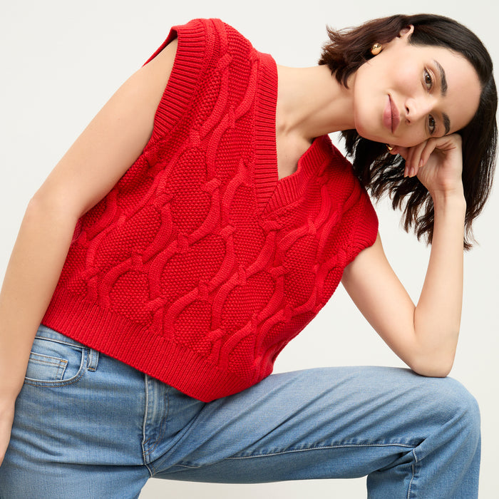 front image of a woman wearing the eloise top in strawberry | Lead