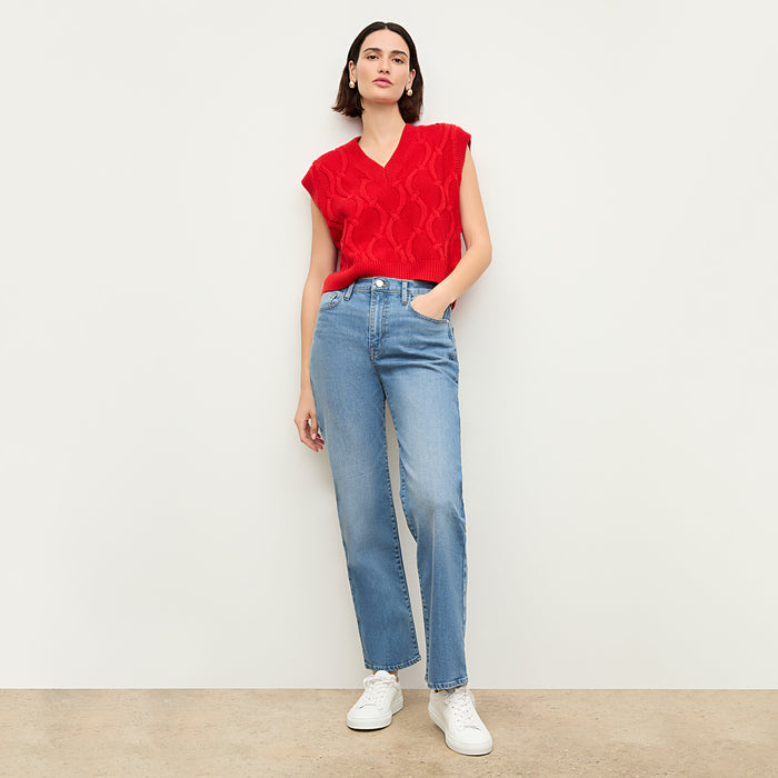 front image of a woman wearing the eloise top in strawberry