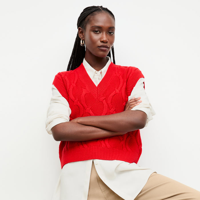 front image of a woman wearing the eloise top in strawberry