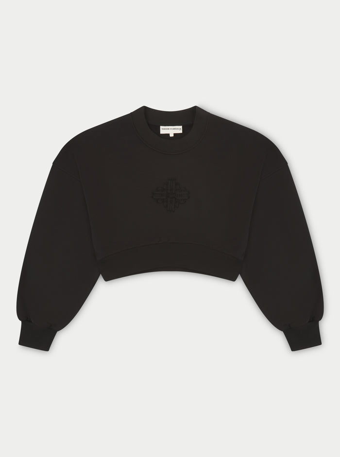 EMBLEM APPLIQUE CROP SWEATSHIRT - BLACK