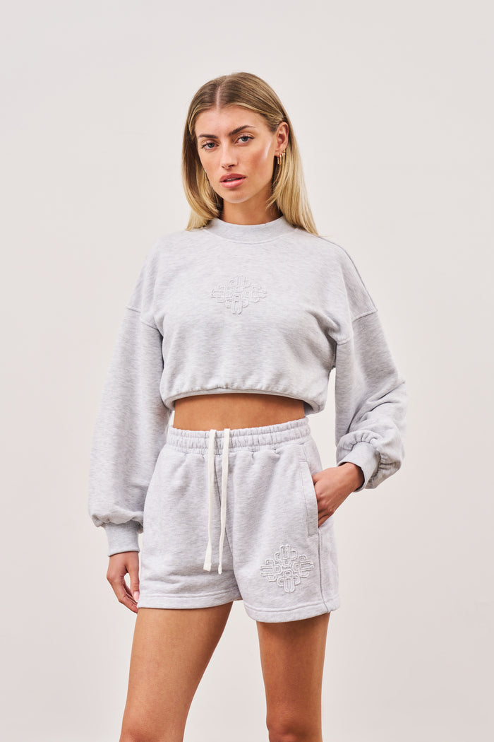 EMBLEM CROP RUCHED SWEATSHIRT - GREY MARL