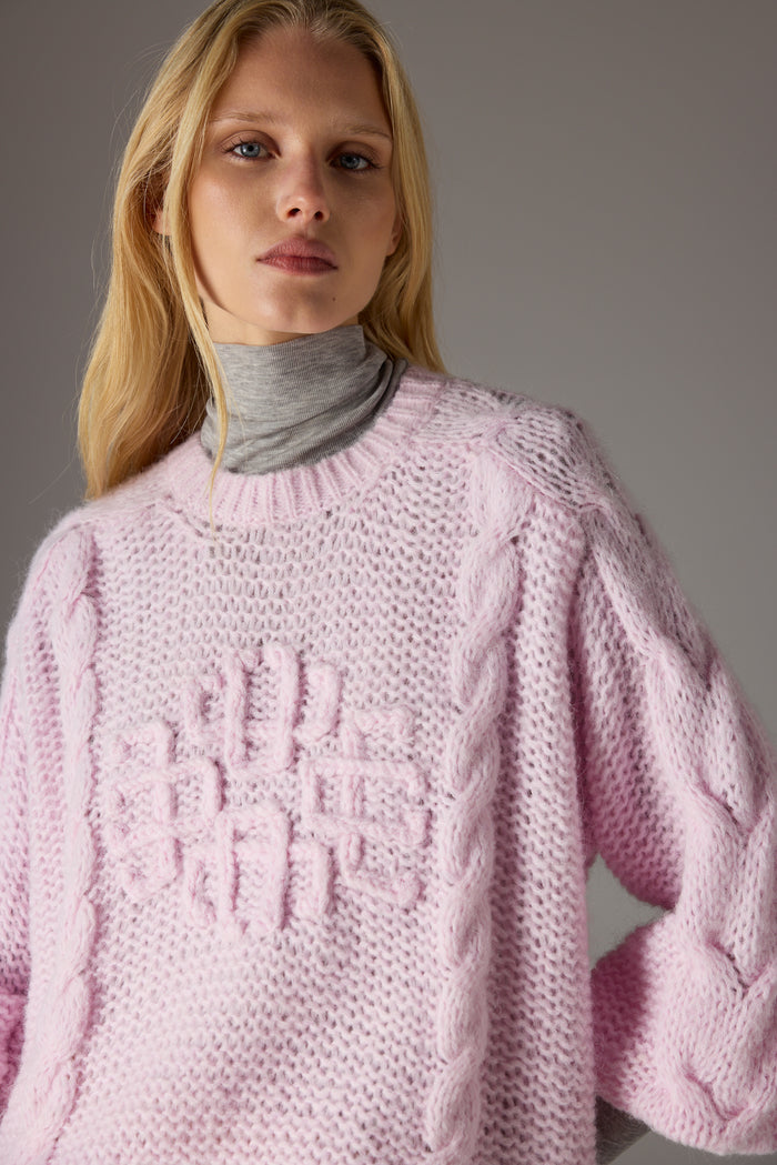 EMBLEM PLAITED OVERSIZED KNIT JUMPER - PINK