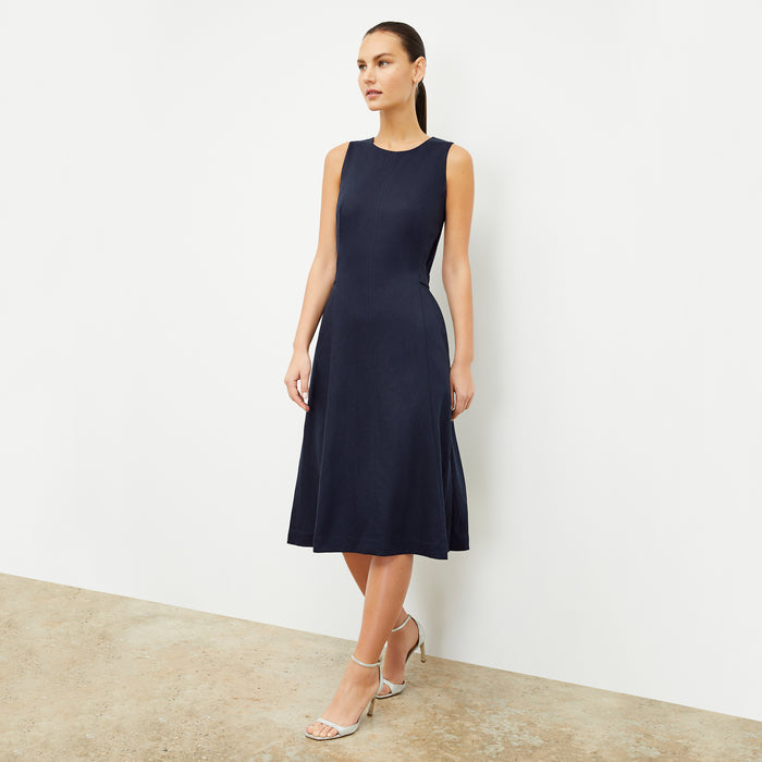 Front image of a woman wearing the Estela Dress in Night | Lead