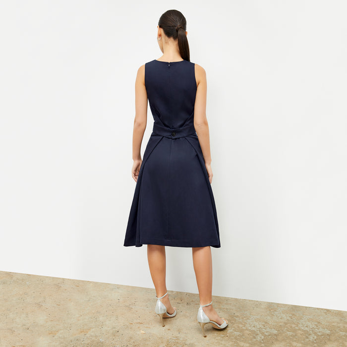 Back image of a woman wearing the Estela Dress in Night