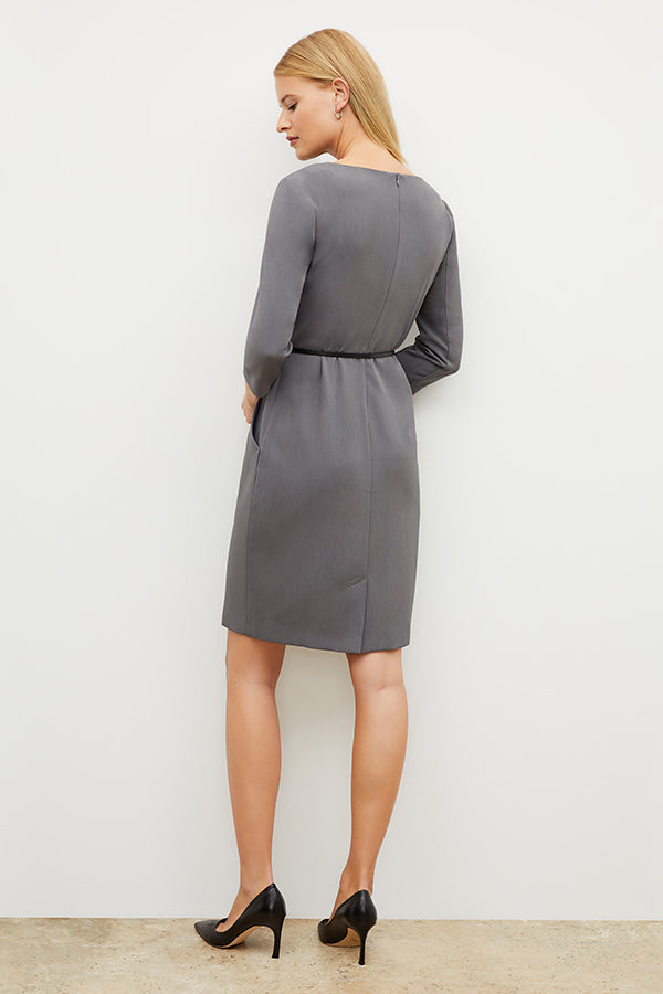Image of a woman wearing the Etsuko Dress in Steel Gray | Grid Hover | Exclude