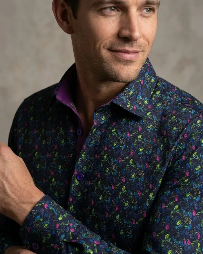 Falling Leaves Print Pure Cotton Shirt-Makrom