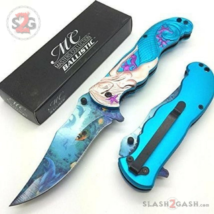 Fantasy Light Blue Mermaid Ocean View Spring Assisted Folding Knife