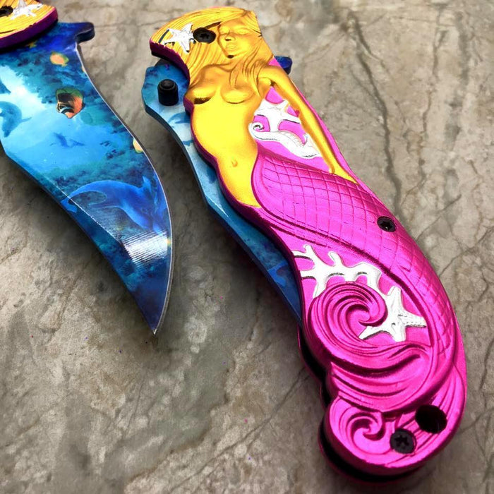Fantasy Pink Mermaid Ocean View Spring Assisted Folding Knife