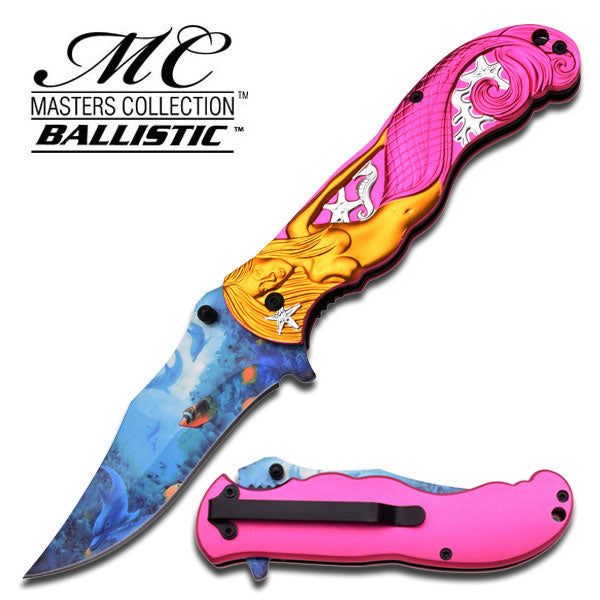 Fantasy Pink Mermaid Ocean View Spring Assisted Folding Knife