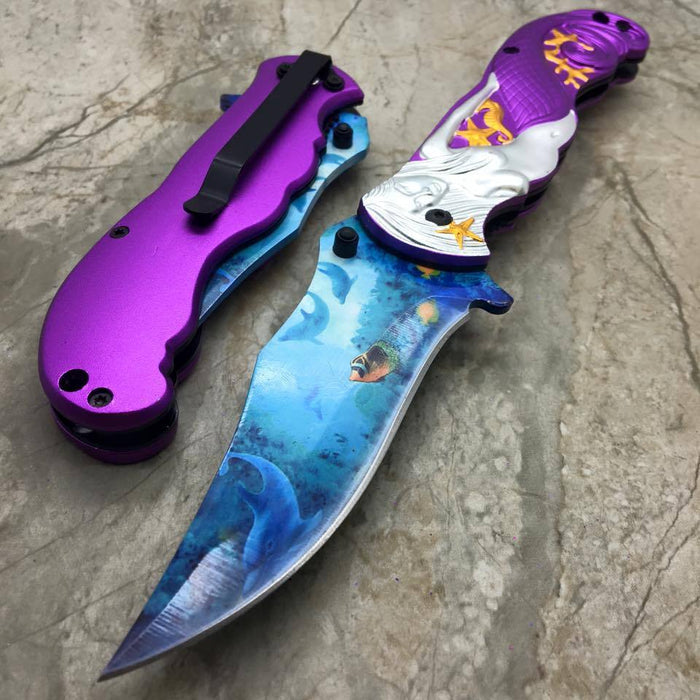 Fantasy Purple Mermaid Ocean View Spring Assisted Folding Knife