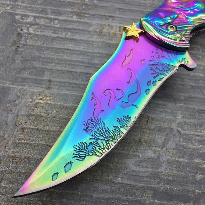 Fantasy Rainbow Coated 3D Sculpted Mermaid AO Collector Knife