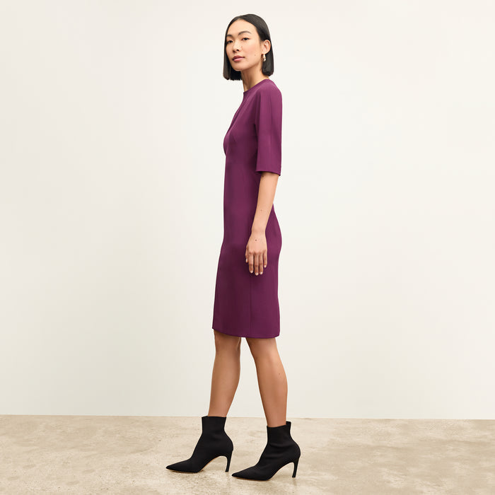 front image of a woman wearing the farnoosh dress in plumberry
