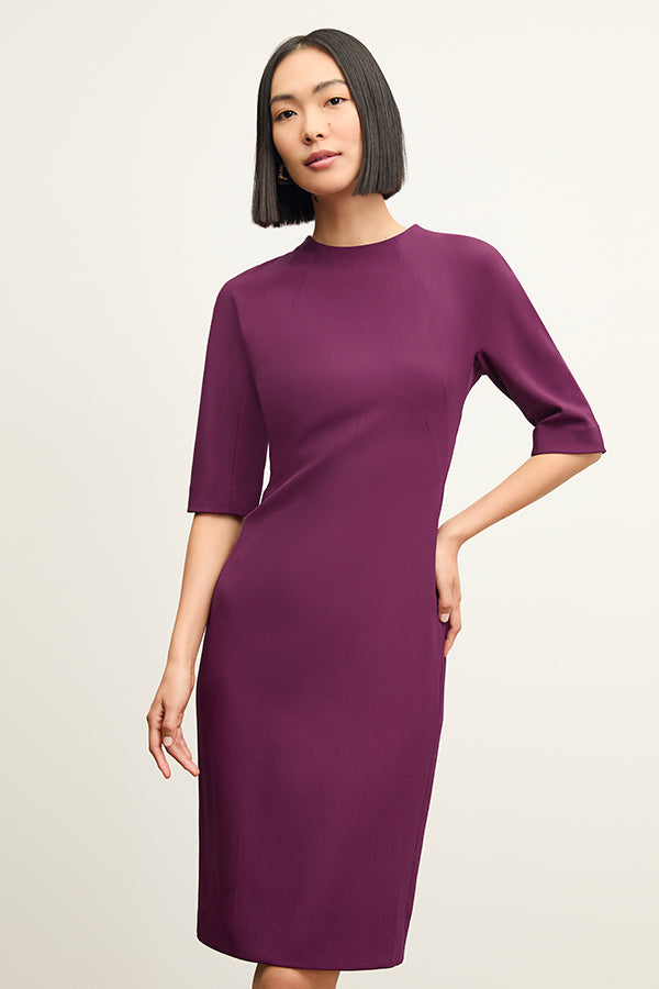 front image of a woman wearing the farnoosh dress in plumberry | Exclude | Grid | Still