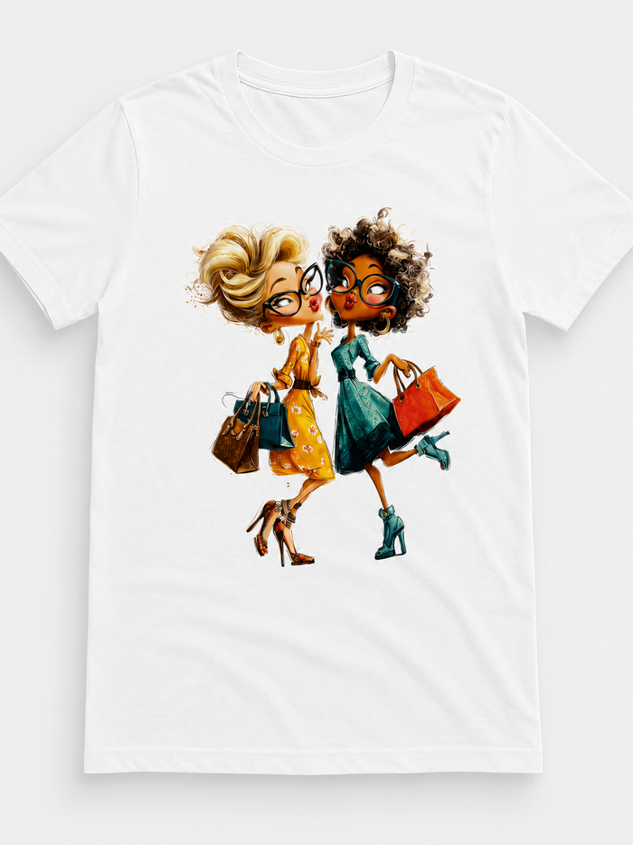 White short sleeve graphic tee featuring a colorful illustration of two stylish women holding shopping bags.