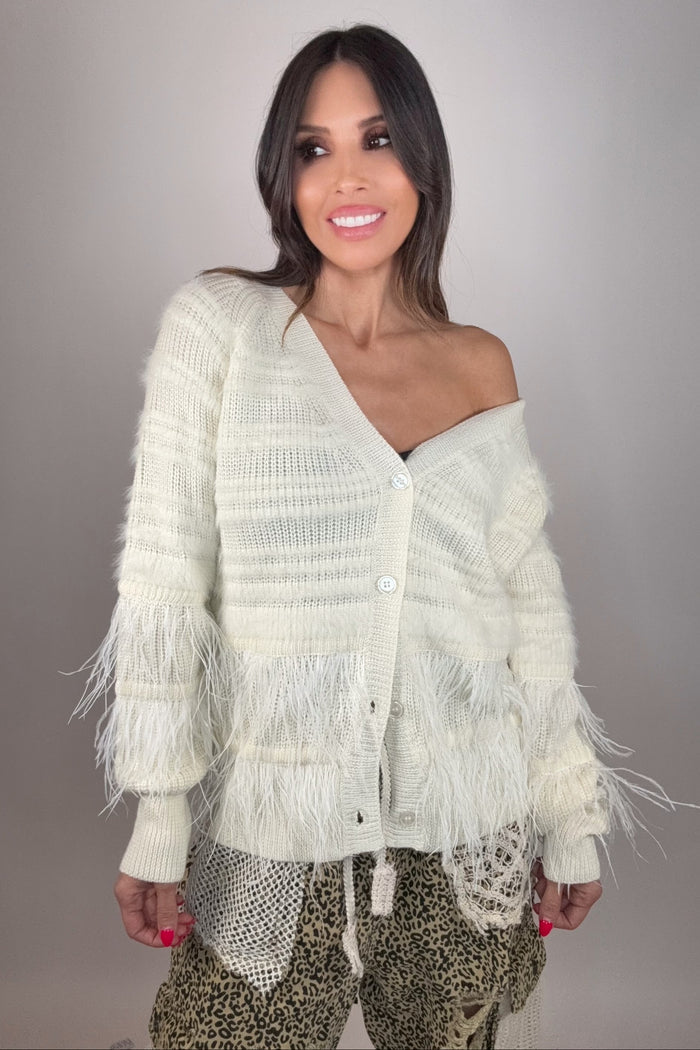 Style the Fate Feather Trim Wool Blend Cardigan exclusively at Born To Glam