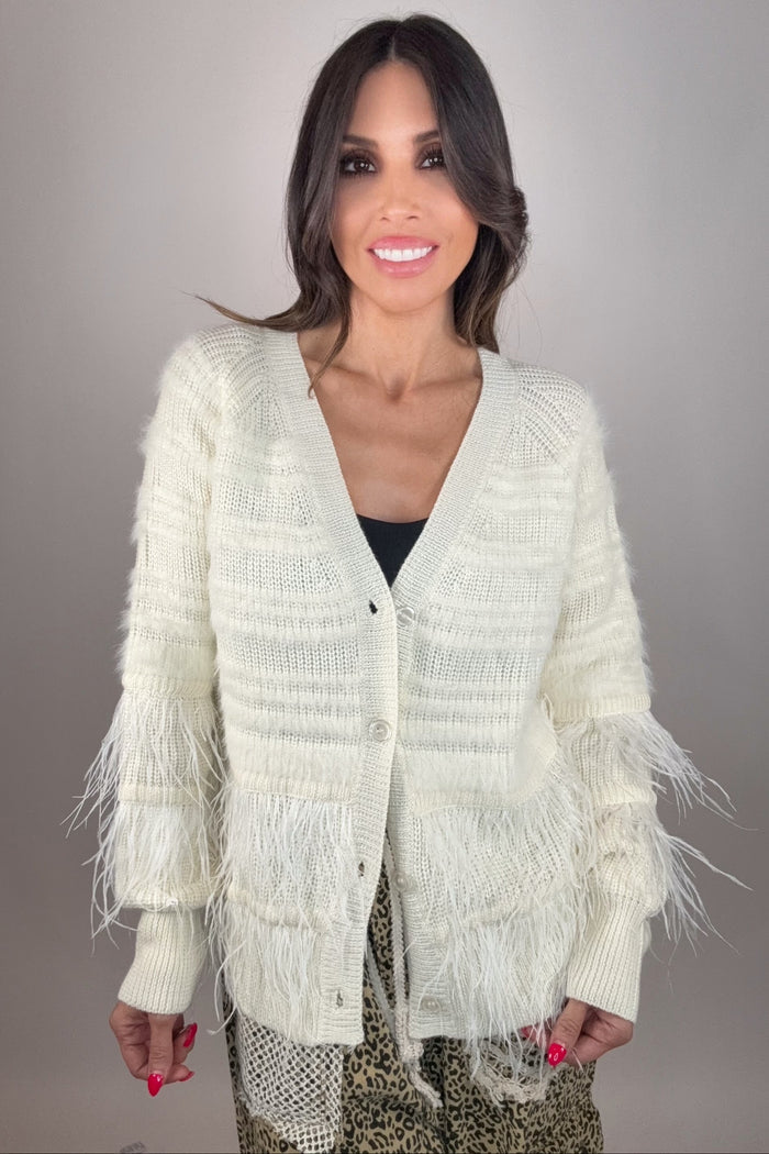 Style the Fate Feather Trim Wool Blend Cardigan exclusively at Born To Glam