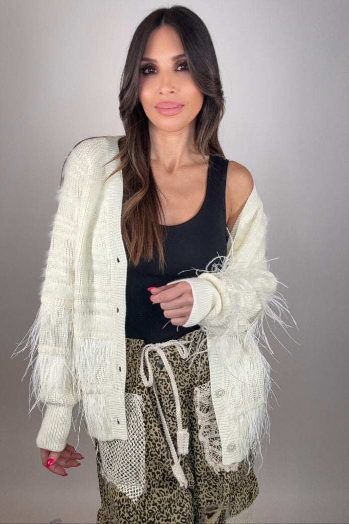 Style the Fate Feather Trim Wool Blend Cardigan exclusively at Born To Glam