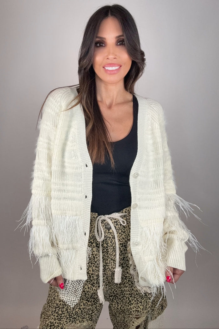 Style the Fate Feather Trim Wool Blend Cardigan exclusively at Born To Glam