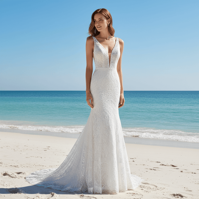 Fit and Flare Lace Wedding Dresses Mermaid Bridal Gowns with Train - Rosymae