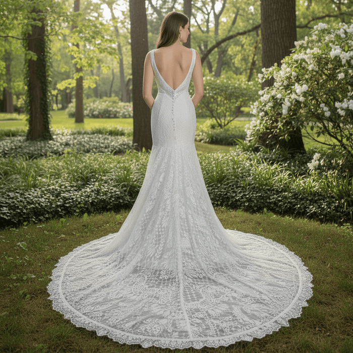 Fit and Flare Lace Wedding Dresses Mermaid Bridal Gowns with Train - Rosymae