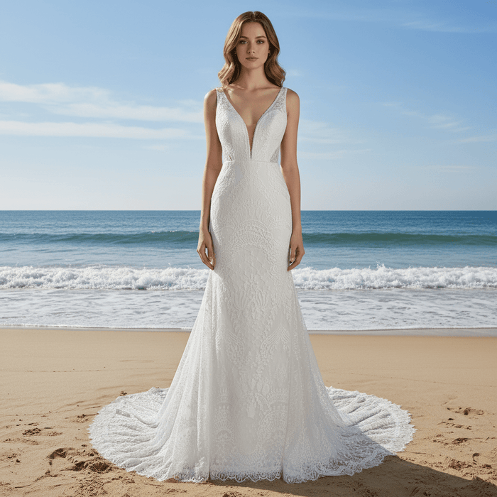Fit and Flare Lace Wedding Dresses Mermaid Bridal Gowns with Train - Rosymae