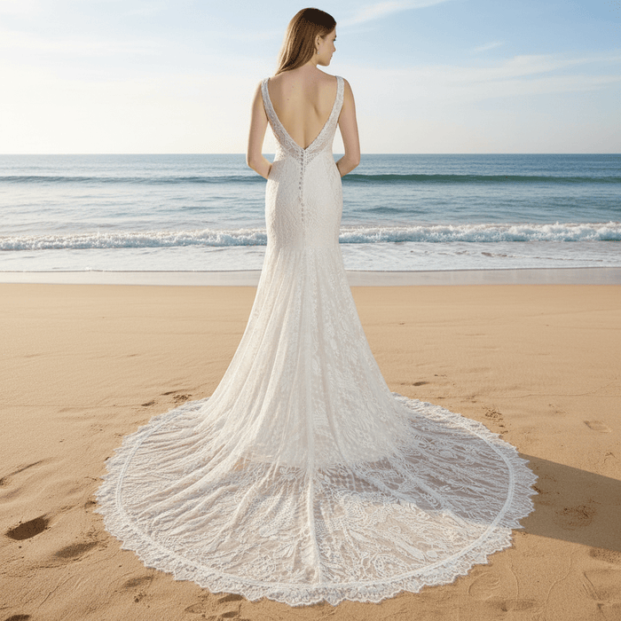 Fit and Flare Lace Wedding Dresses Mermaid Bridal Gowns with Train - Rosymae