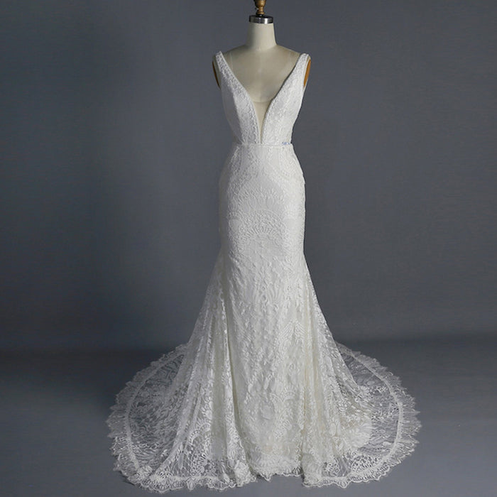 Fit and Flare Lace Wedding Dresses Mermaid Bridal Gowns with Train - Rosymae