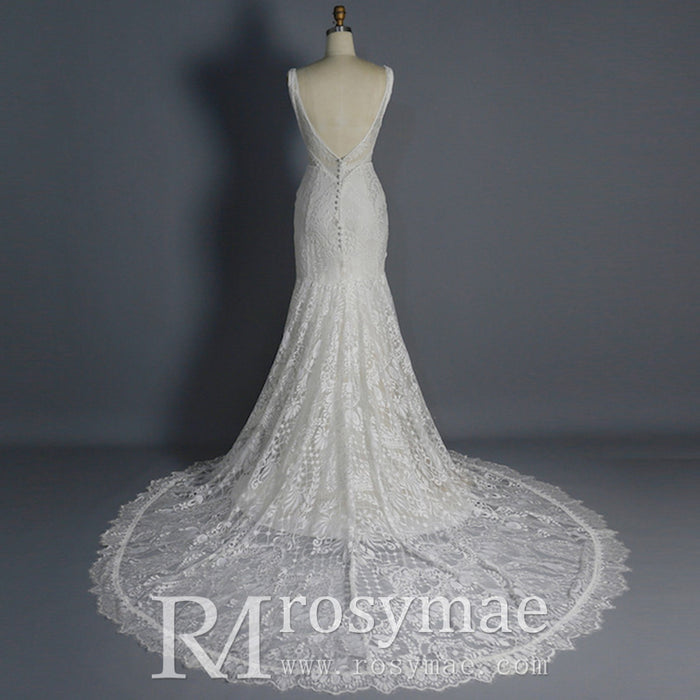 Fit and Flare Lace Wedding Dresses Mermaid Bridal Gowns with Train - Rosymae