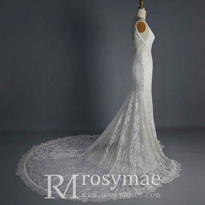 Fit and Flare Lace Wedding Dresses Mermaid Bridal Gowns with Train - Rosymae