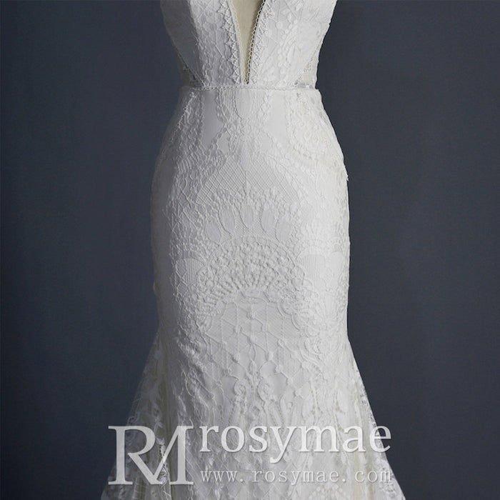 Fit and Flare Lace Wedding Dresses Mermaid Bridal Gowns with Train - Rosymae