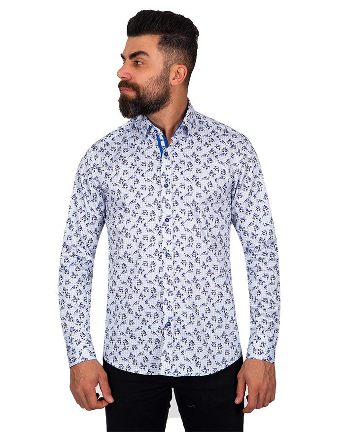Floral Bird Print Cotton Men's Shirt-Makrom