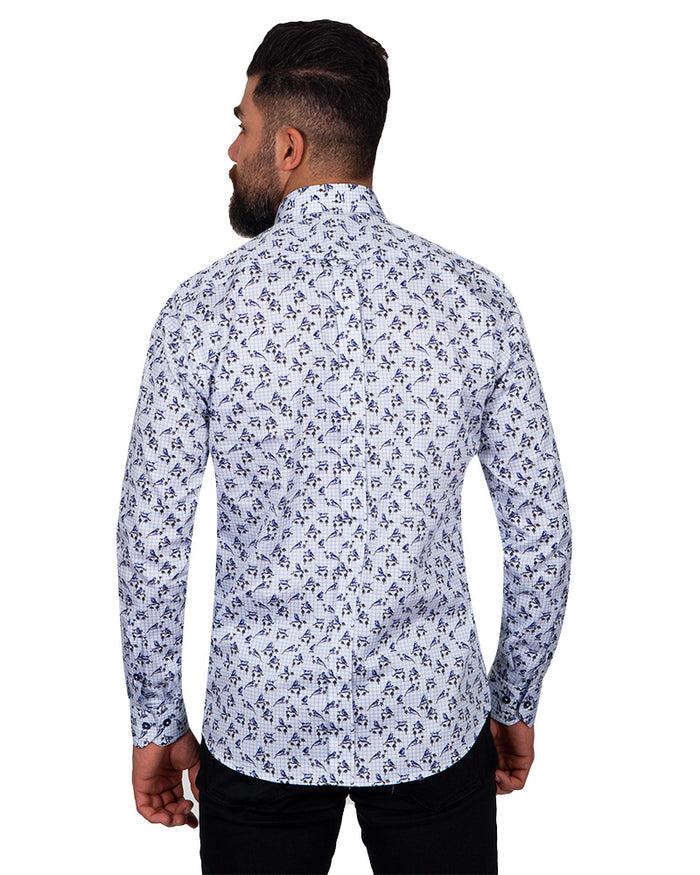 Floral Bird Print Cotton Men's Shirt-Makrom