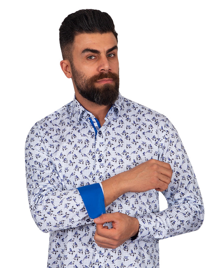 Floral Bird Print Cotton Men's Shirt-Makrom