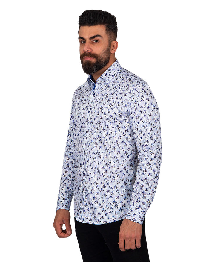 Floral Bird Print Cotton Men's Shirt-Makrom