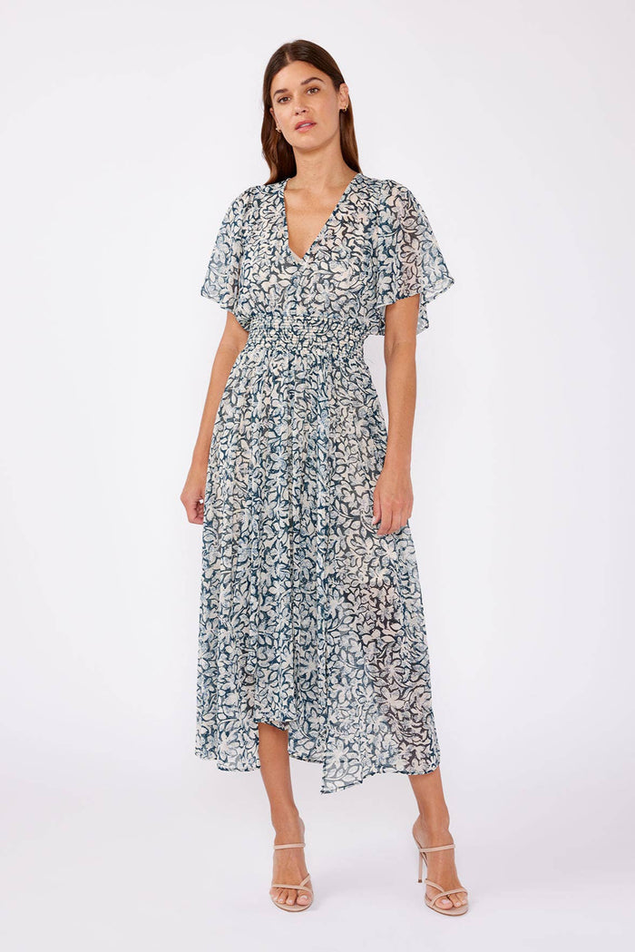 Floral Chiffon Smocked V Neck Midi Dress - Adored A Lovely Boutique
