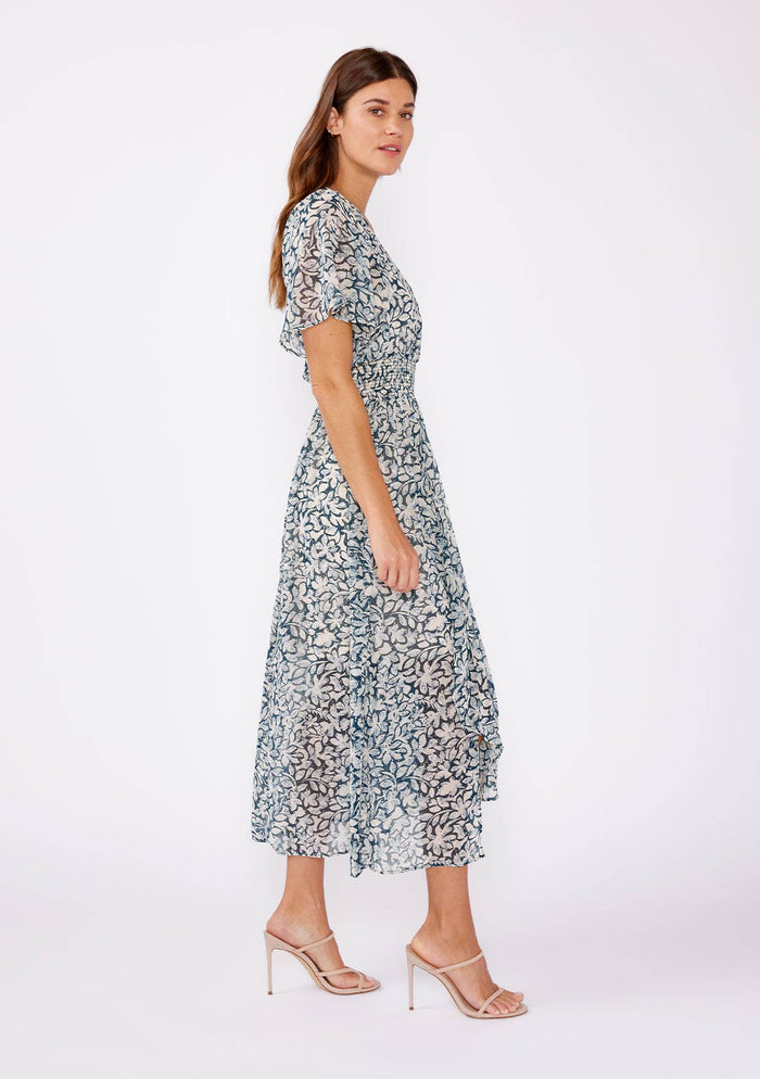 Floral Chiffon Smocked V Neck Midi Dress - Adored A Lovely Boutique