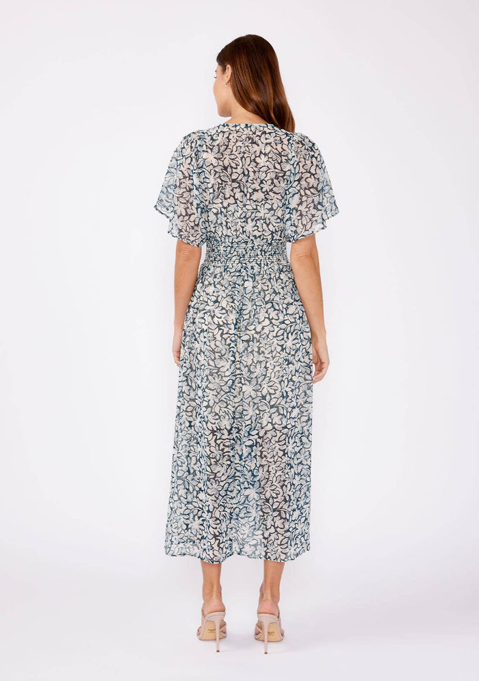 Floral Chiffon Smocked V Neck Midi Dress - Adored A Lovely Boutique