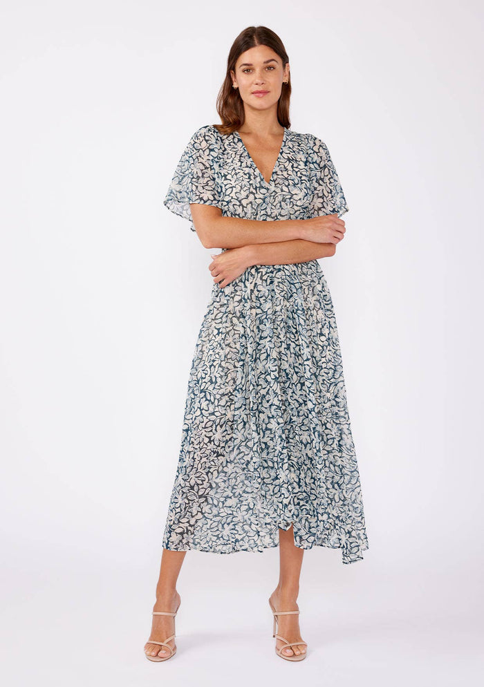 Floral Chiffon Smocked V Neck Midi Dress - Adored A Lovely Boutique