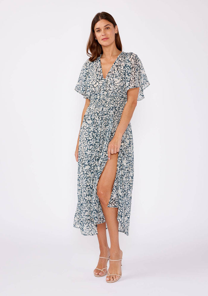 Floral Chiffon Smocked V Neck Midi Dress - Adored A Lovely Boutique