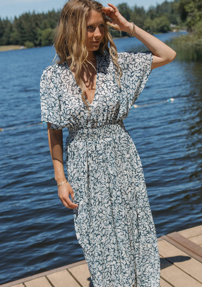 Floral Chiffon Smocked V Neck Midi Dress - Adored A Lovely Boutique