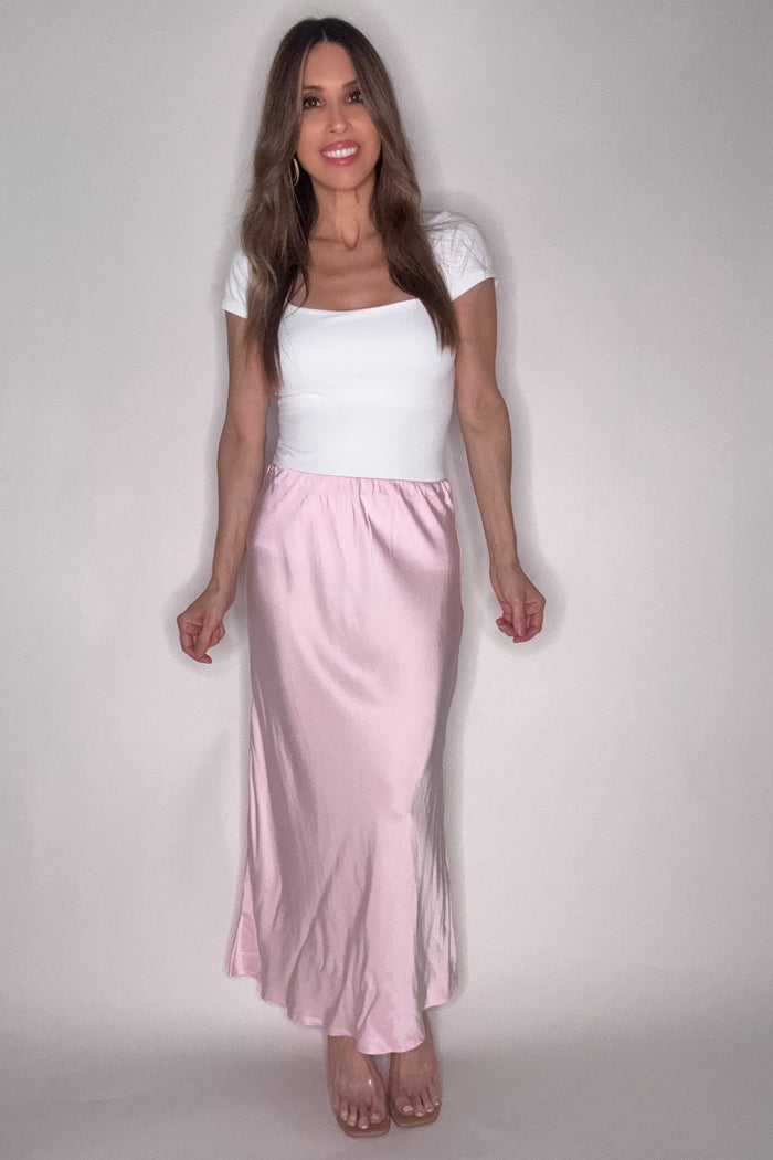 Style the Flowy Elastic Waist Midi Skirt exclusively at Born To Glam