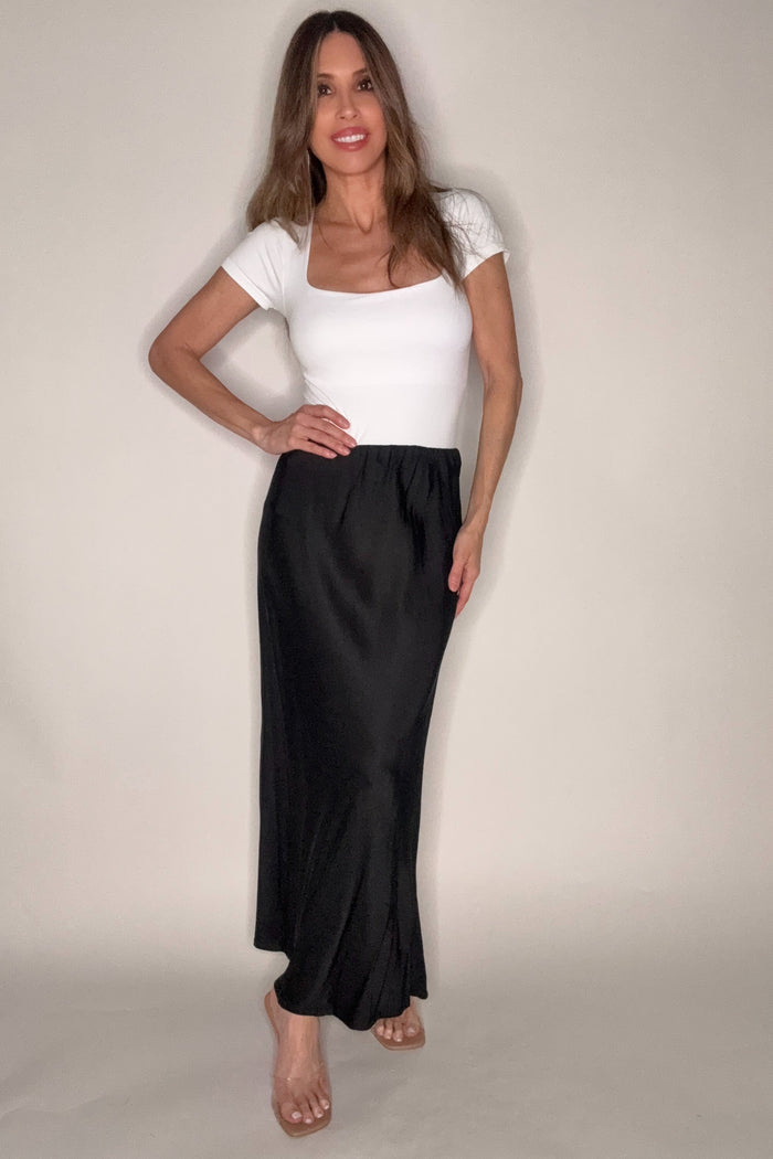 Style the Flowy Elastic Waist Midi Skirt exclusively at Born To Glam