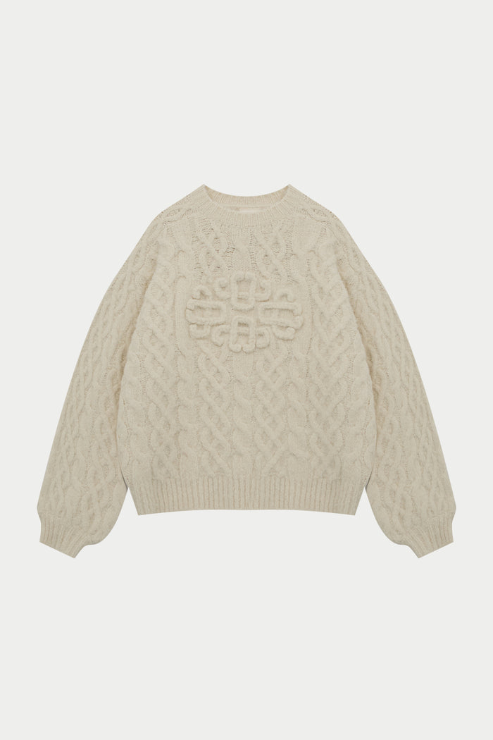 FLUFFY CABLE KNIT EMBLEM JUMPER - BEIGE