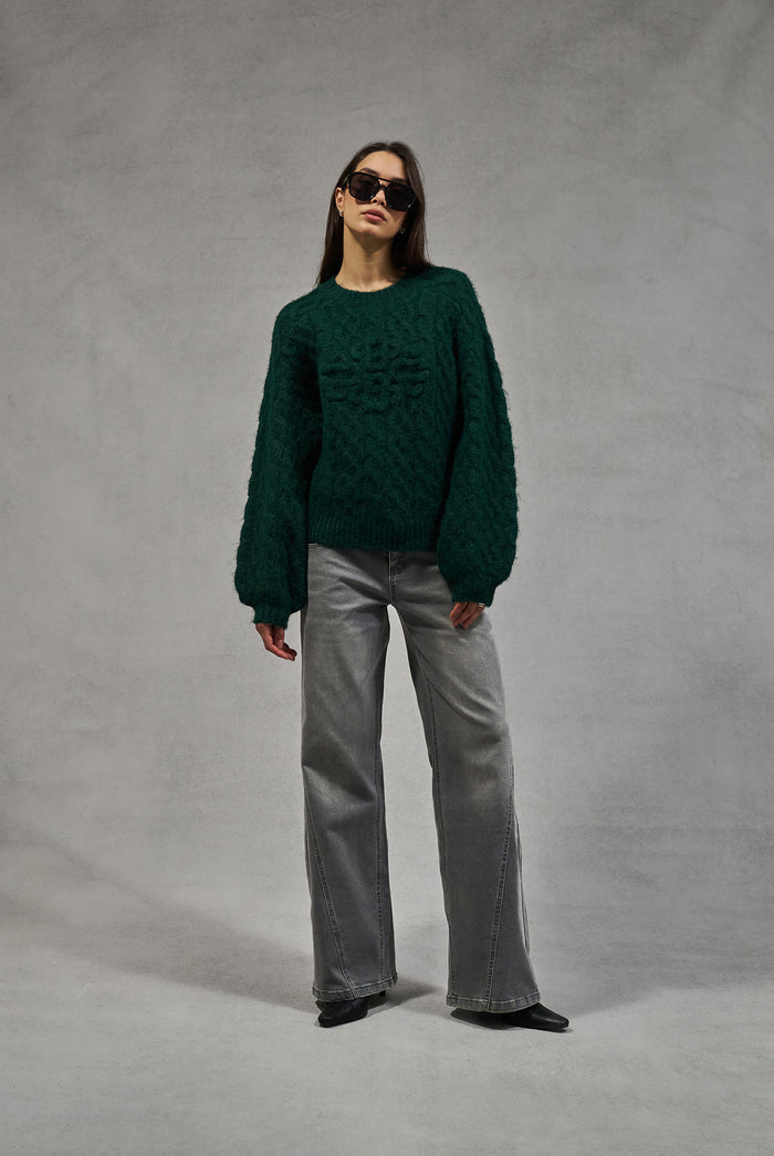 FLUFFY CABLE KNIT EMBLEM JUMPER - FOREST GREEN