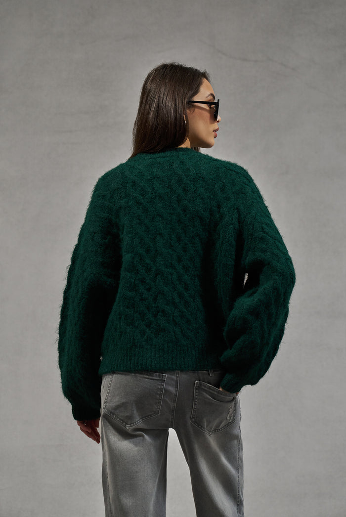 FLUFFY CABLE KNIT EMBLEM JUMPER - FOREST GREEN