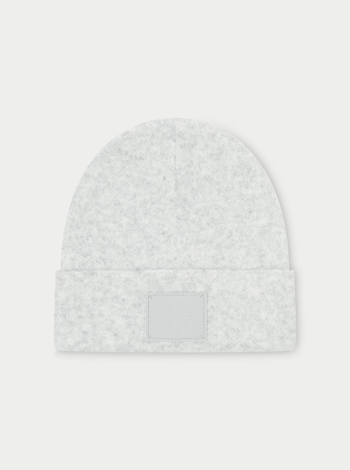 FLUFFY KNIT EMBLEM BEANIE - GREY MARL