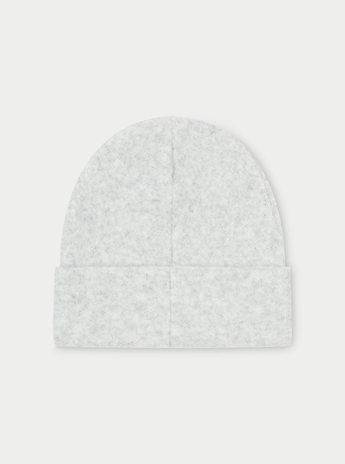 FLUFFY KNIT EMBLEM BEANIE - GREY MARL
