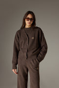 FLUFFY KNIT EMBLEM EMBROIDERED CARDIGAN - BROWN