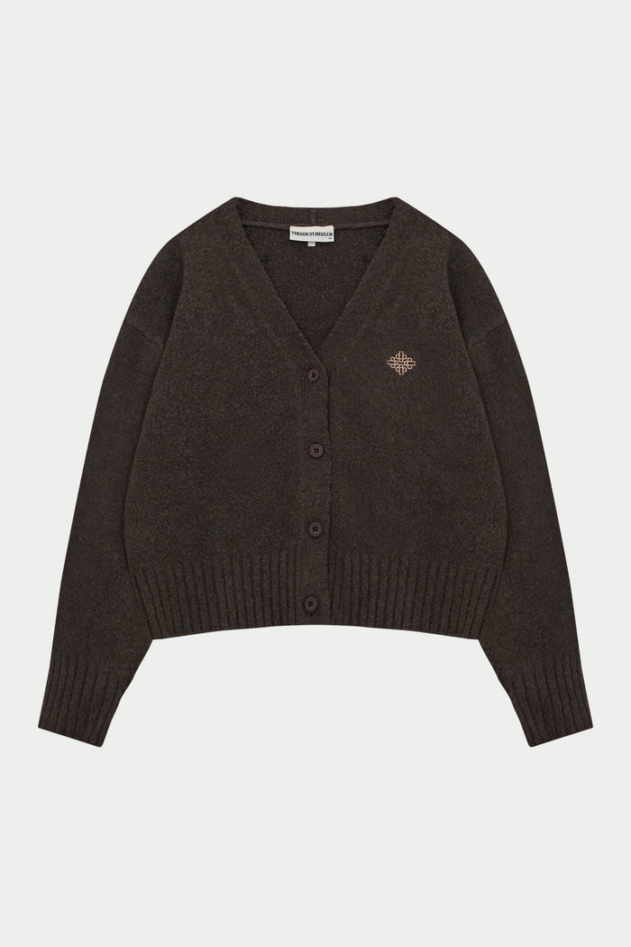 FLUFFY KNIT EMBLEM EMBROIDERED CARDIGAN - BROWN